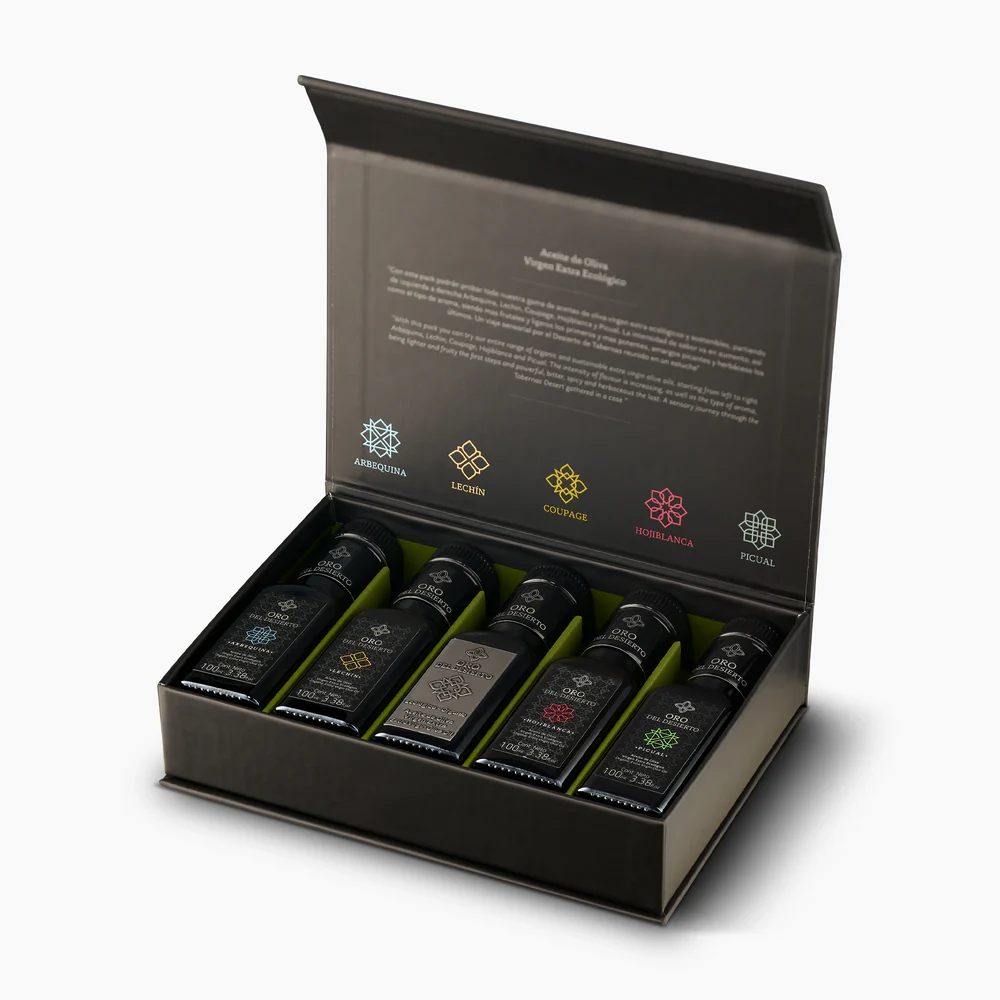 Oro del Desierto Organic Deluxe Gift Set — Arbequina, Lechín, Hojiblanca, Picual, Coupage from Tabernas, Almería, Andalusia