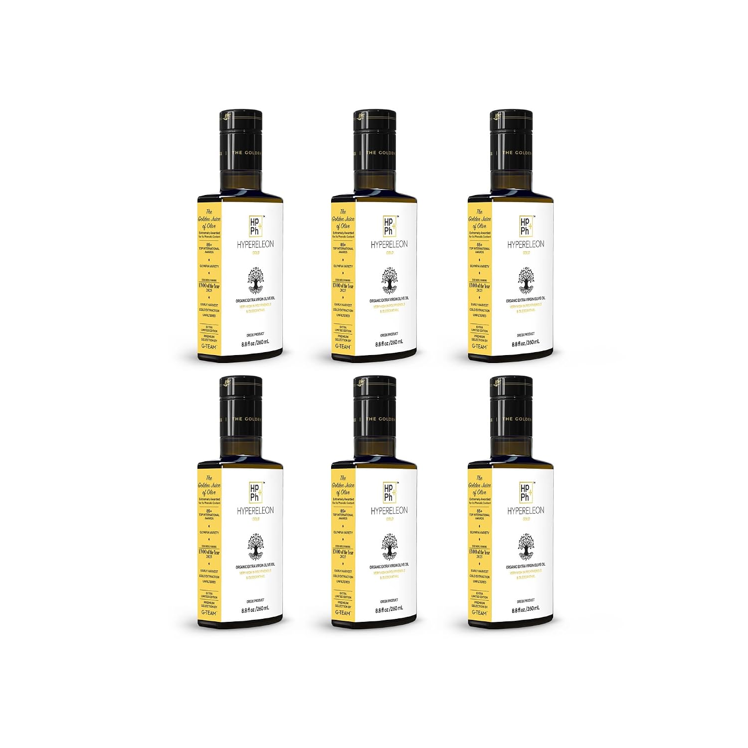HYPERELEON GOLD Organic High-Phenolic Extra Virgin Olive Oil, 260ml (Pack of 6) — Koroneiki from Peloponnese