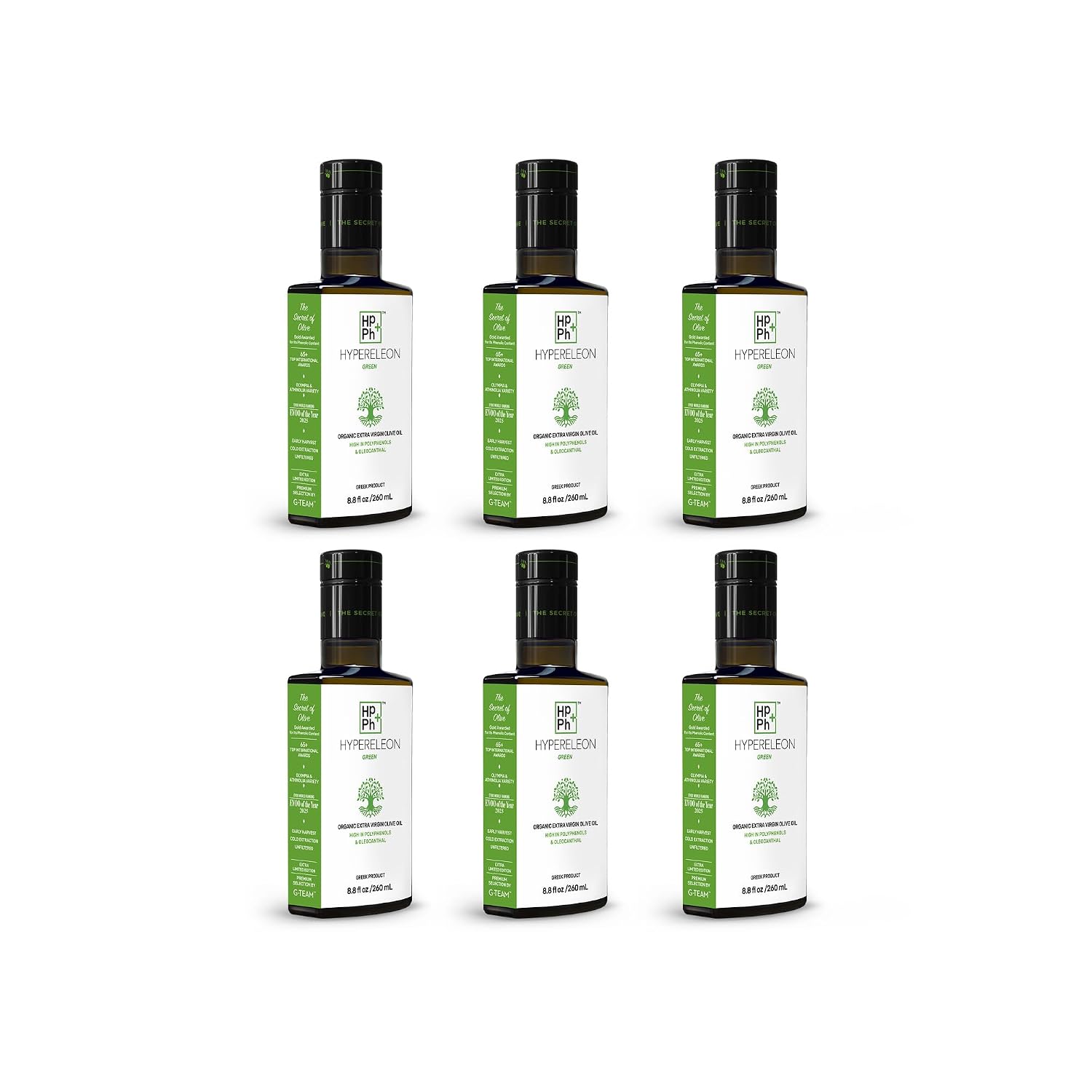 HYPERELEON GREEN Organic High-Phenolic Extra Virgin Olive Oil, 260ml (Pack of 6) — Koroneiki from Peloponnese