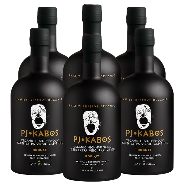 PJ KABOS Family Reserve Organic Robust, Very High Phenolic Greek EVOO — 16.9 fl oz (6-Pack) — Koroneiki, Olympia from Peloponnese